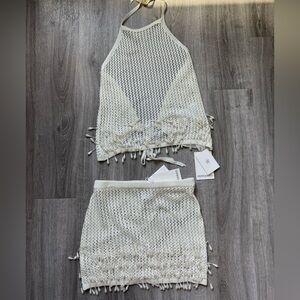 Cream beaded mesh beach cover up Pepper Mayo set